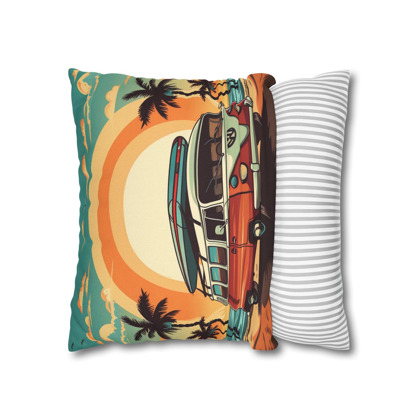 Retro Beach Camper Van - Sunset Surfboard Scene Spun Polyester Square Pillow Case