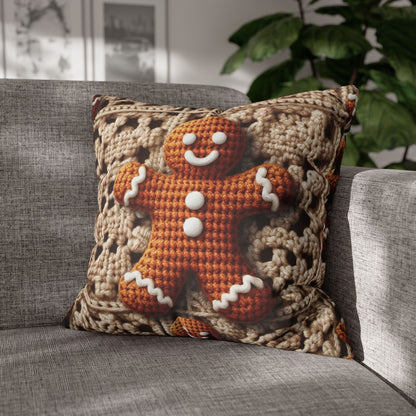 Rustic Gingerbread Delights: Christmas Crochet Gingerbread Men on Classic Beige Granny Squares - Spun Polyester Square Pillow Case