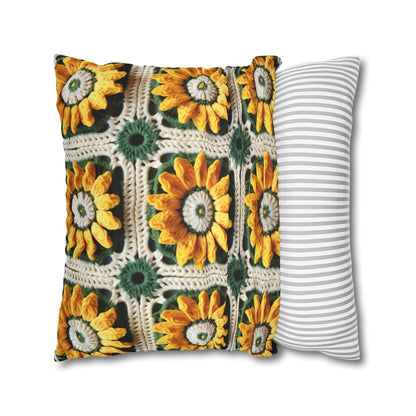 Sunflower Crochet Elegance, Granny Square Design, Radiant Floral Motif. Bring the Warmth of Sunflowers to Your Space - Spun Polyester Square Pillow Case