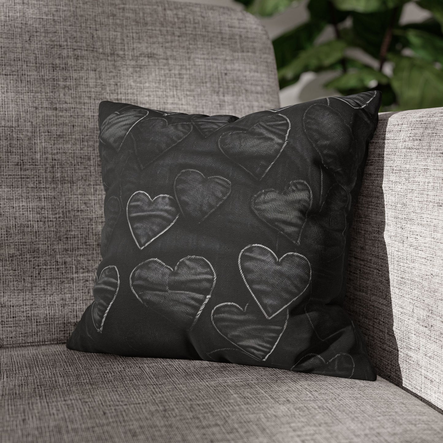 Black: Distressed Denim-Inspired Fabric Heart Embroidery Design - Spun Polyester Square Pillow Case