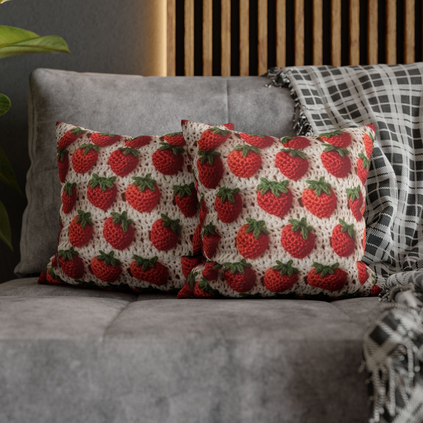 Strawberry Traditional Japanese, Crochet Craft, Fruit Design, Red Berry Pattern - Spun Polyester Square Pillow Case