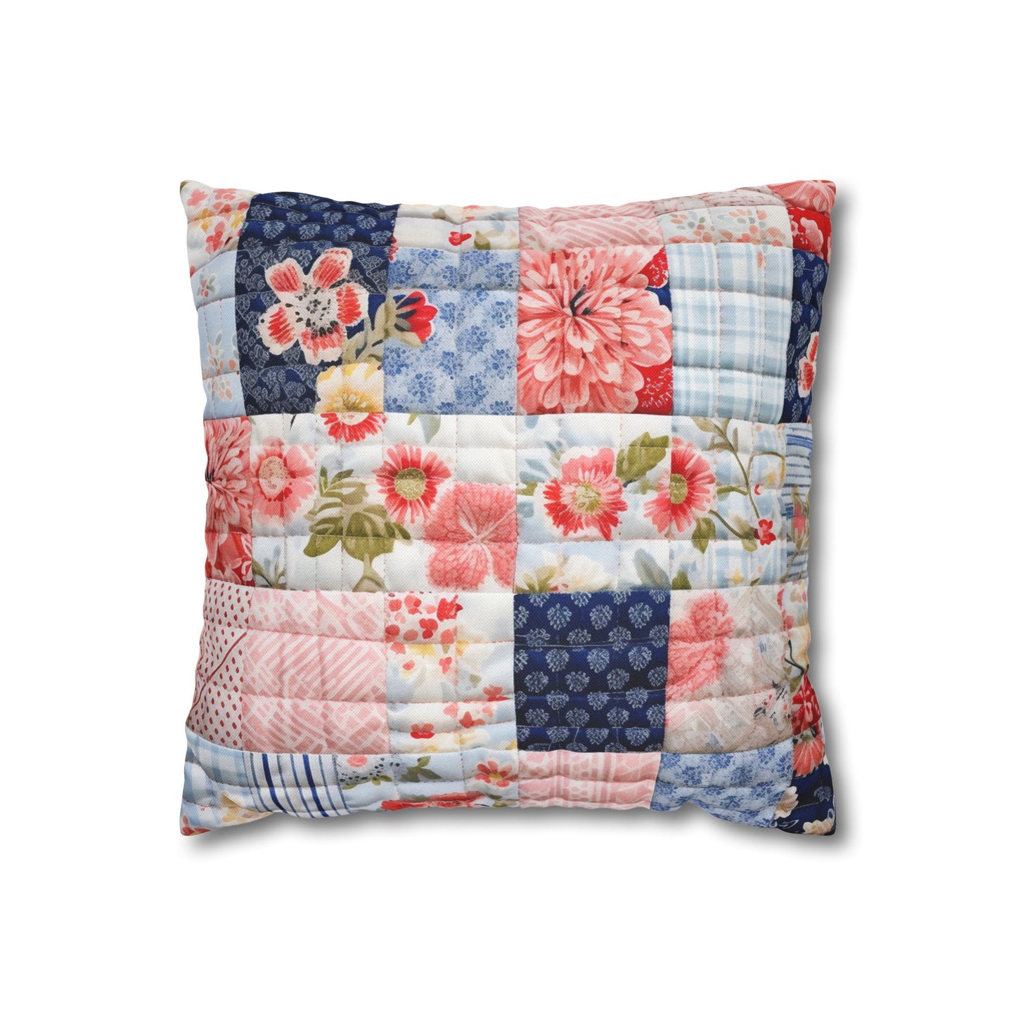 Floral Harmony Quilt, Blossom Patchwork, Blue and Pink Quilted Patterns, Garden Quilt, Soft Pastel Quilting Squares Design - Spun Polyester Square Pillow Case