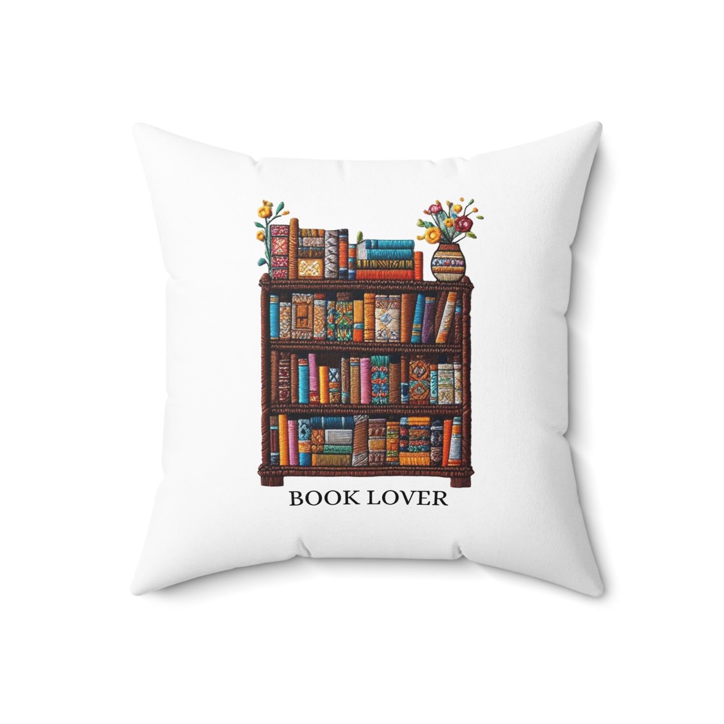 Crafted Book Lover Embroidery: Artisanal Bookshelf Design for Bibliophiles - Spun Polyester Square Pillow