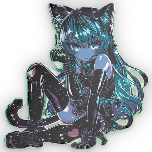 Cosmic Catgirl, Space-Themed Anime, Galactic Gamer Girl Illustration, Starry Dark Night Character, Manga Cosmic Beauty, Shaped Pillow