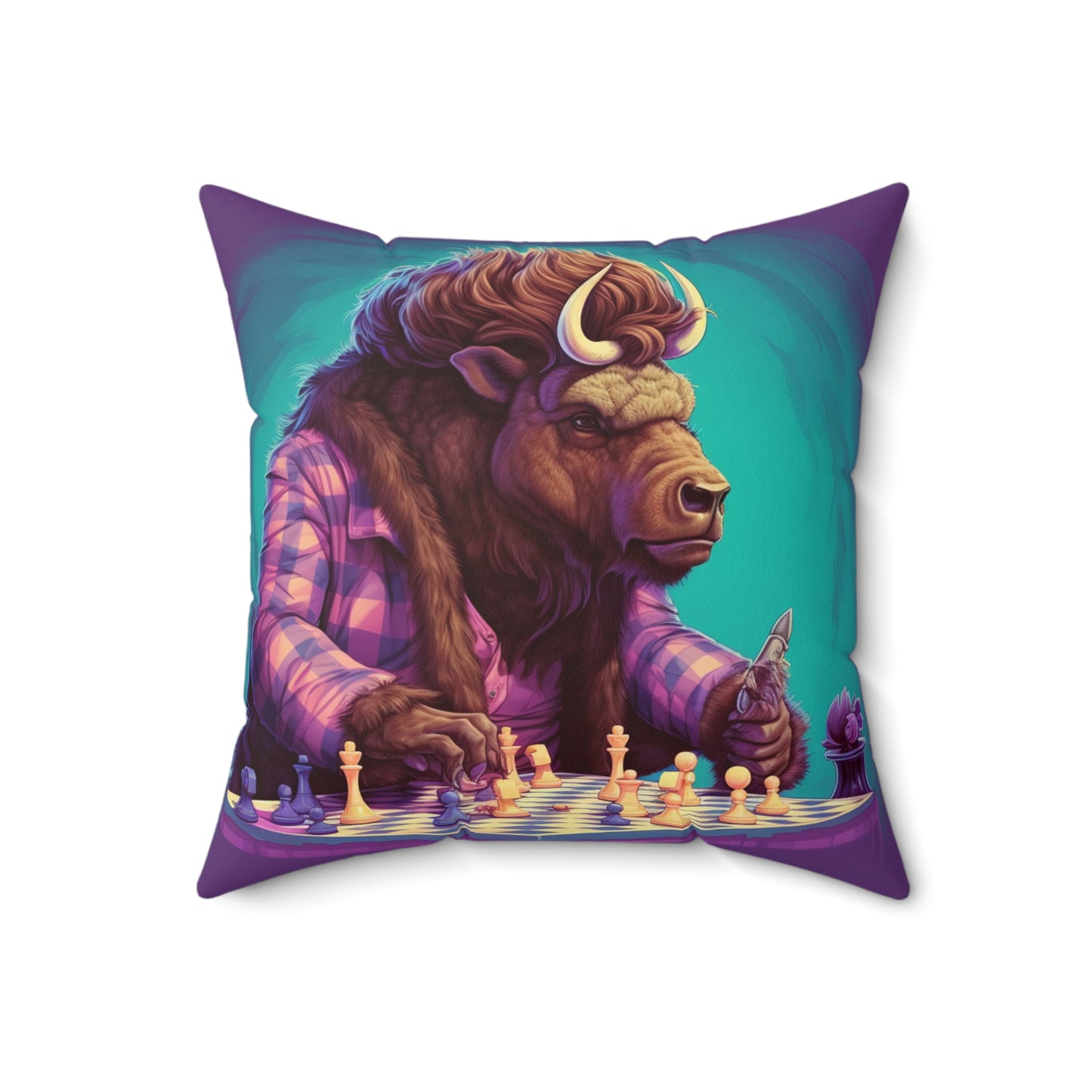 American Buffalo Bison Chess Player Graphic Spun Polyester Square Pillow