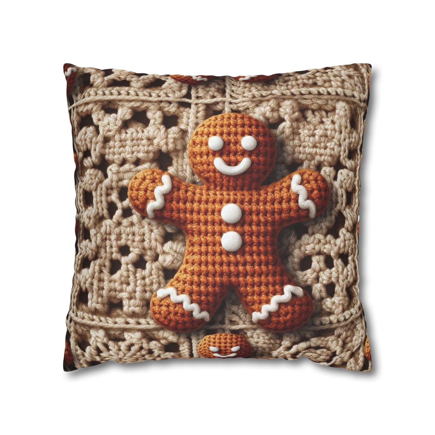 Rustic Gingerbread Delights: Christmas Crochet Gingerbread Men on Classic Beige Granny Squares - Spun Polyester Square Pillow Case