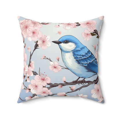 Cherry Blossom Tree Blue Bird Spun Polyester Square Pillow