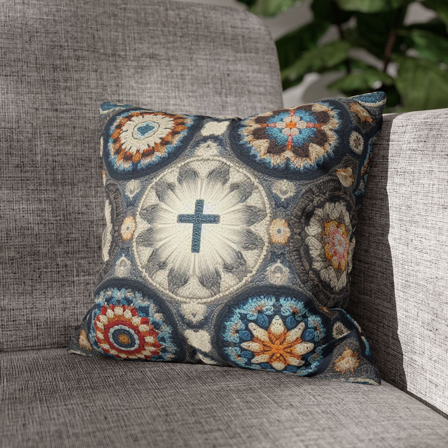 Bohemian Crochet Mandala with Centered Christian Cross - Earthy Tones Mosaic - Spun Polyester Square Pillow Case