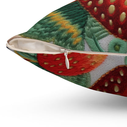 Berry Delight: Sun-Kissed Strawberries Fields Meet Embroidered Style Strawberry Patterns - Spun Polyester Square Pillow