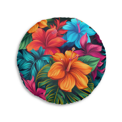 Hawaiian-Inspired Tropical Floral Pattern Design Tufted Floor Pillow, Round