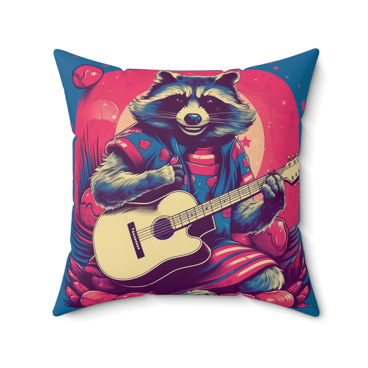 Acoustic Guitar Raccoon Art - Furry Animal Rock Classic Spun Polyester Square Pillow