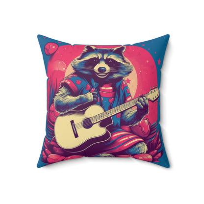 Acoustic Guitar Raccoon Art - Furry Animal Rock Classic Spun Polyester Square Pillow