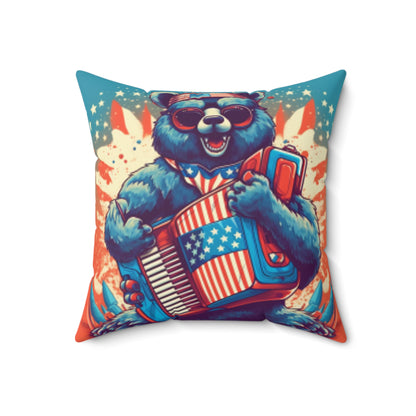 Accordion Bear Patriotic 4th of July American Music Spun Polyester Square Pillow