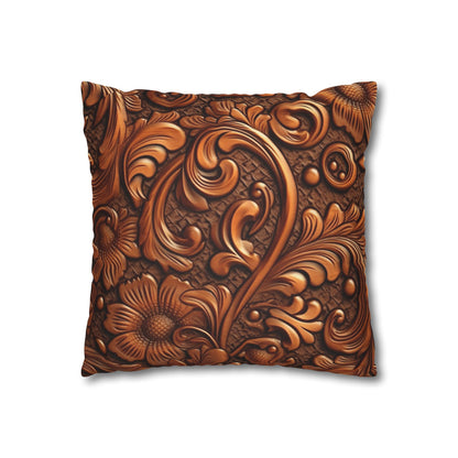 Leather Flower Cognac Classic Brown Timeless American Cowboy Design - Spun Polyester Square Pillow Case