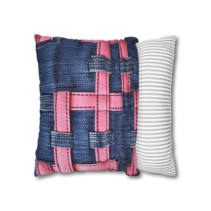 Candy-Striped Crossover: Pink Denim Ribbons Dancing on Blue Stage - Spun Polyester Square Pillow Case