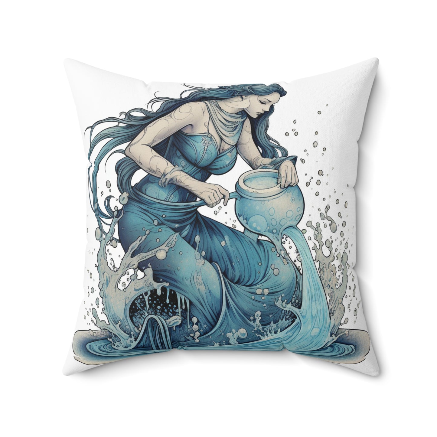 Aquarius Zodiac Symbol - Girl Pouring Water, Hand-Drawn Style - Spun Polyester Square Pillow