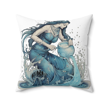 Aquarius Zodiac Symbol - Girl Pouring Water, Hand-Drawn Style - Spun Polyester Square Pillow