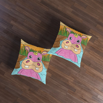 Hippo Hippopotamus Animal Creature Graphic Tufted Floor Pillow, Square