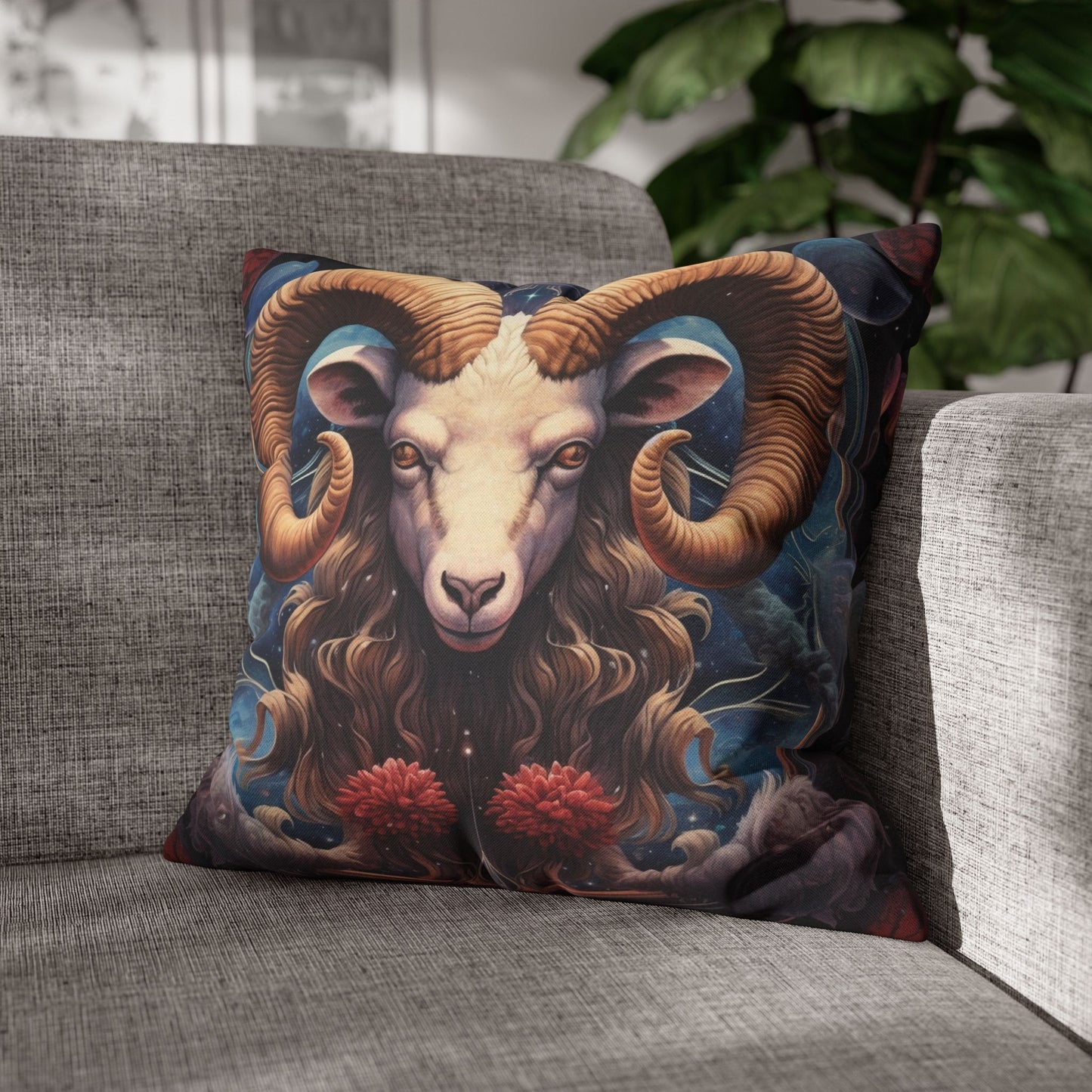 Aries Zodiac Ram - Vibrant Astrological Sign Cosmic Space Symbol - Spun Polyester Square Pillow Case