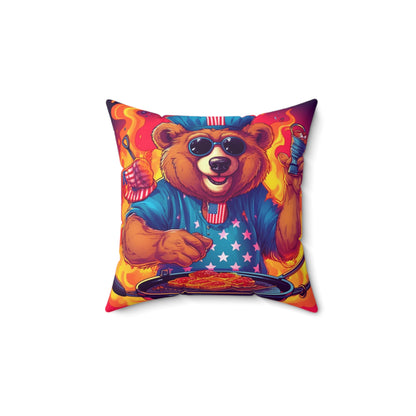 Patriotic Bear's BBQ Bash: Grill and Chill this 4th of July USA Spun Polyester Square Pillow