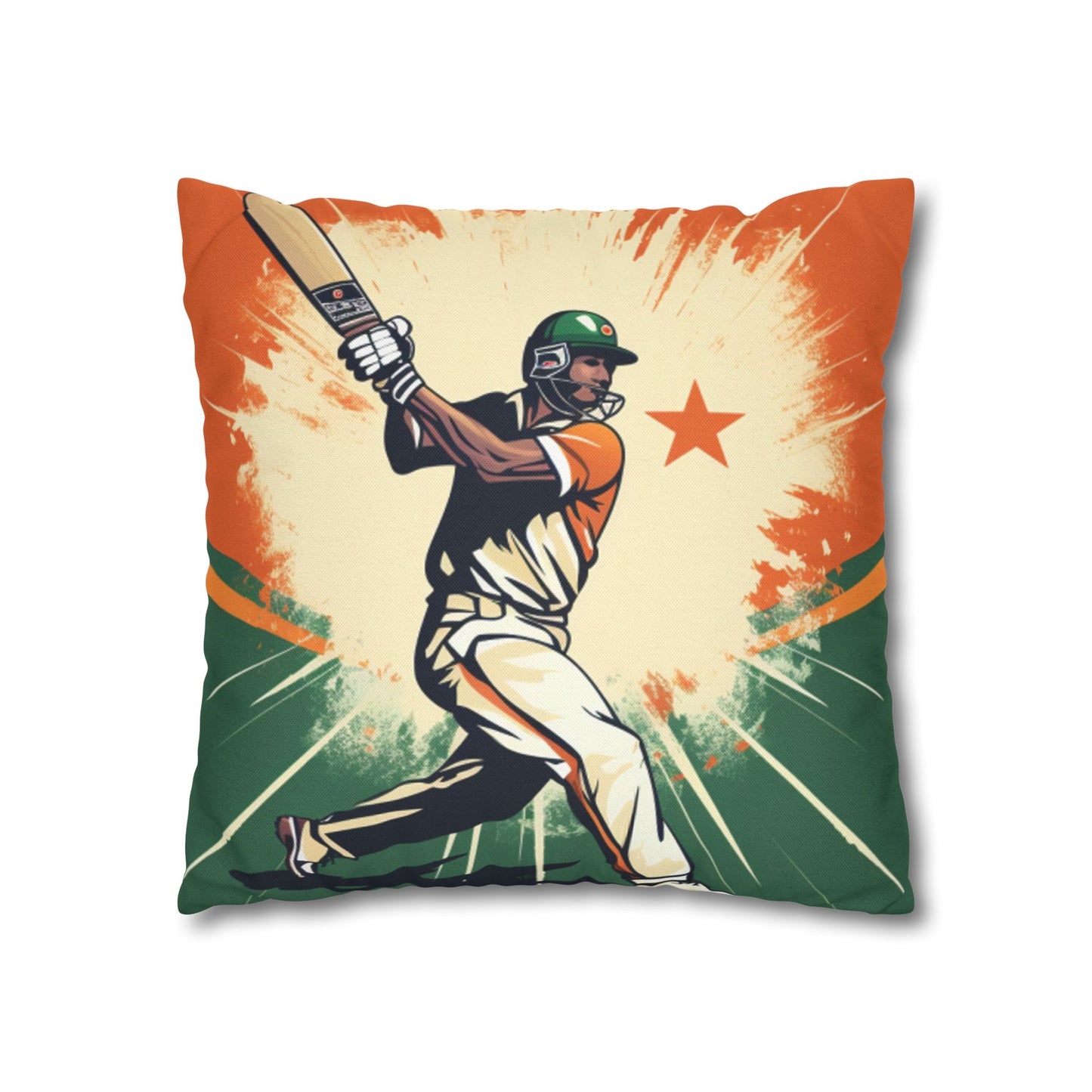 India Cricket Star: Batsman With Willow Bat, National Flag Style - Sport Game - Spun Polyester Square Pillow Case