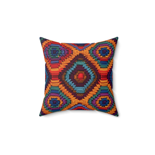 African Heritage Crochet, Vibrant Multicolored Design, Ethnic Craftwork - Spun Polyester Square Pillow