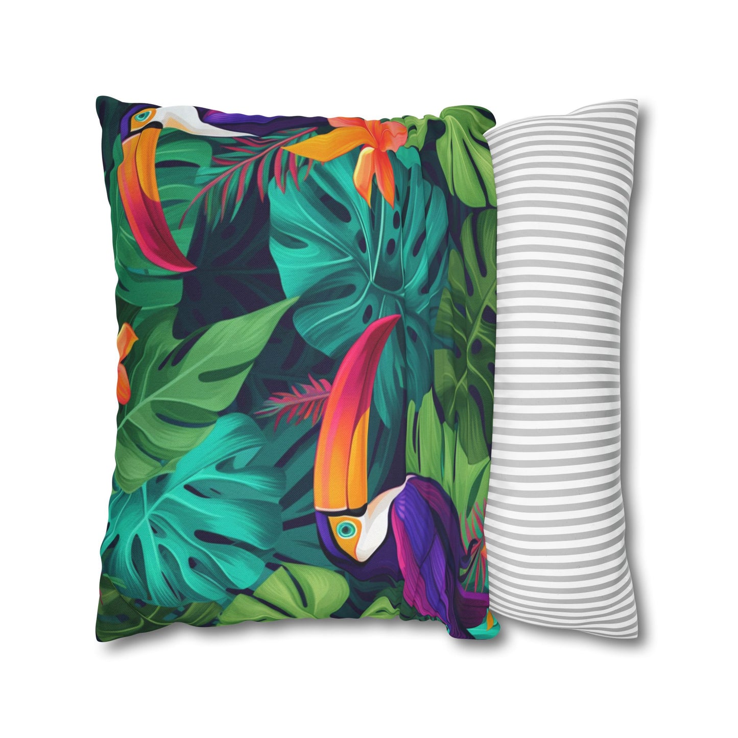 Vivid Tropical Birds & Leaves - Seamless Pattern Spun Polyester Square Pillow Case