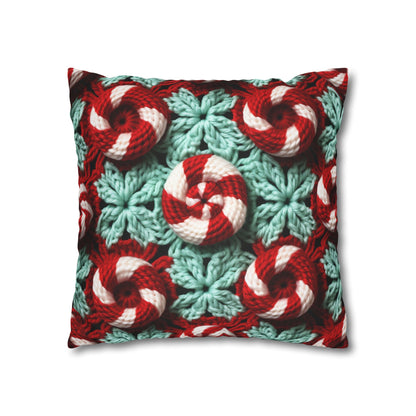 Christmas Crochet Candy Cane - Pepper Red Crystal White Holiday Pattern - Spun Polyester Square Pillow Case