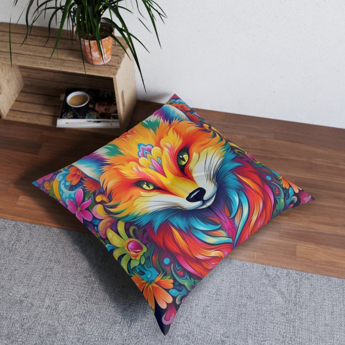 Vibrant & Colorful Fox Design - Unique and Eye-Catching - Tufted Floor Pillow, Square