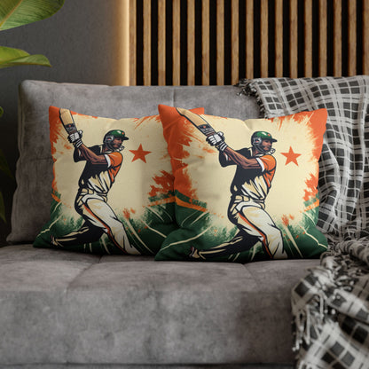 India Cricket Star: Batsman With Willow Bat, National Flag Style - Sport Game - Spun Polyester Square Pillow Case