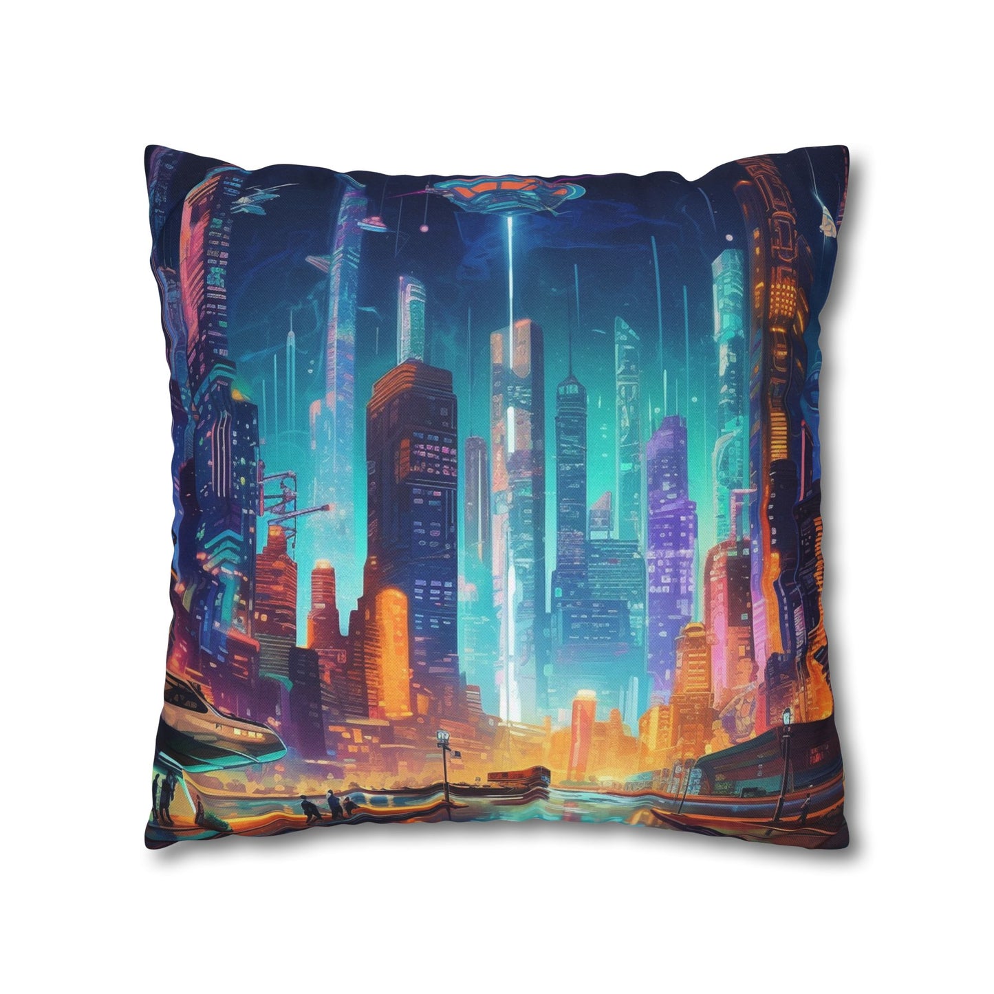 Futuristic Neon Cyberpunk Cityscape Art Design Spun Polyester Square Pillow Case