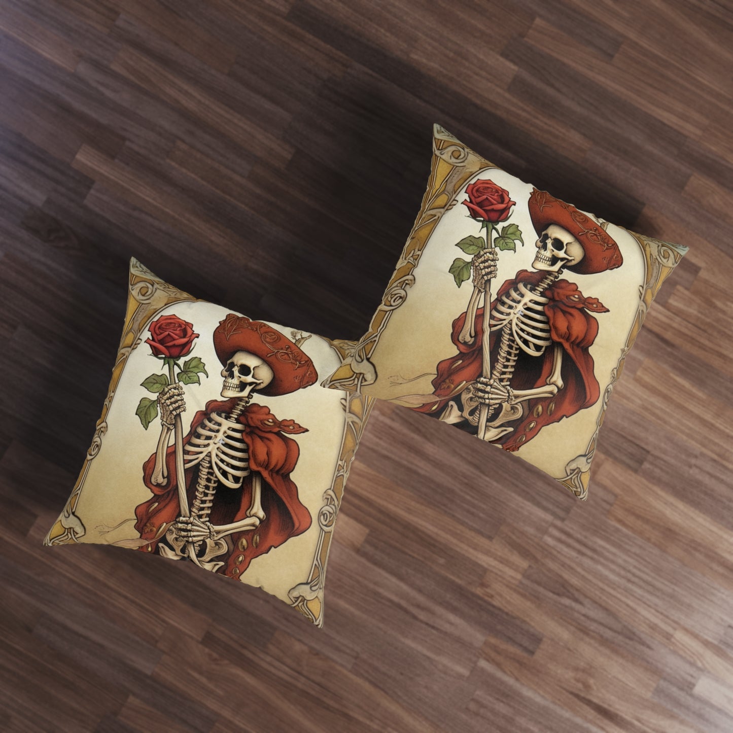 Death Card Tarot - Skeleton, Rose, and Transformation Journey - Tufted Floor Pillow, Square