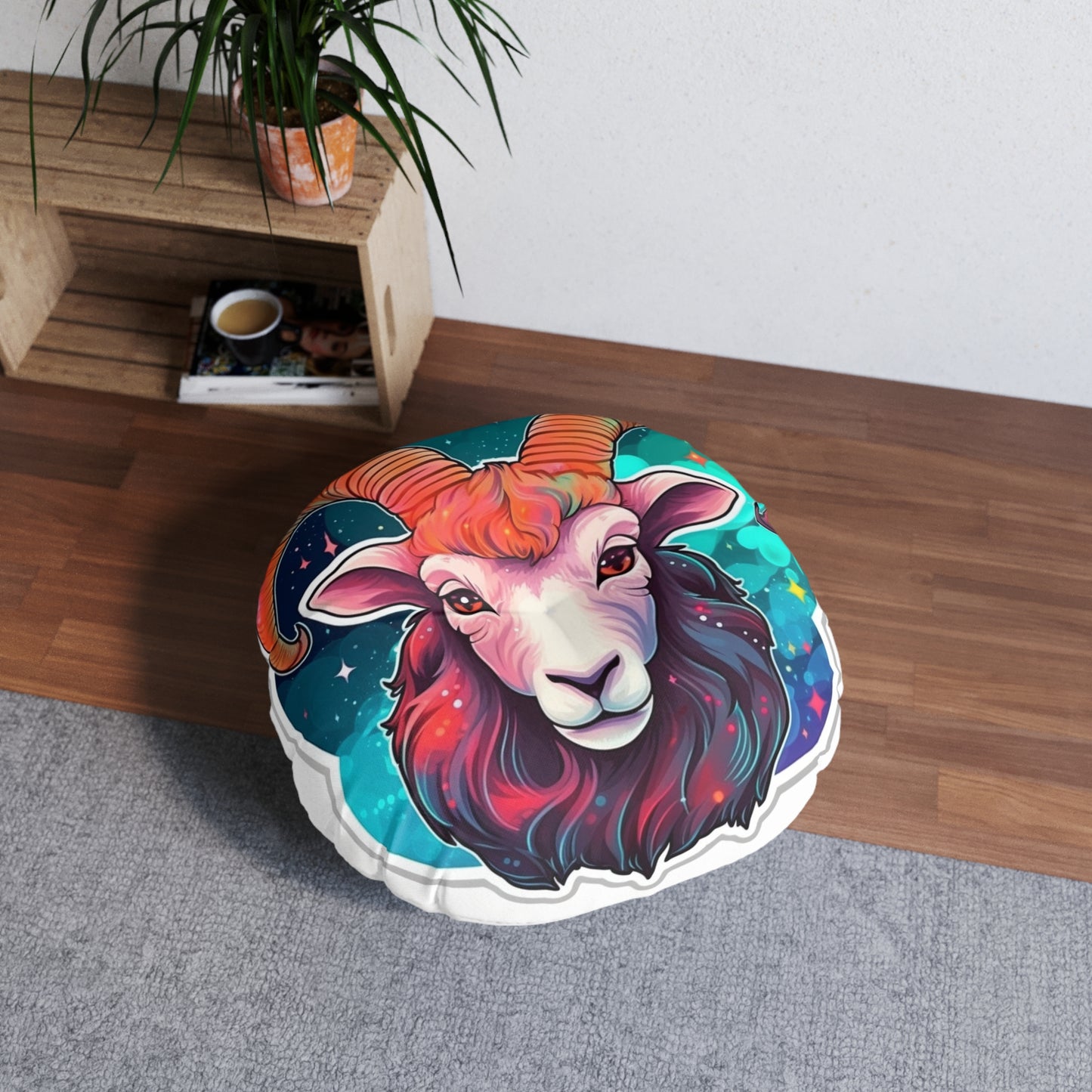 Aries Zodiac Sign - Vivid & Bright Color Cosmic Astrology Symbol - Tufted Floor Pillow, Round