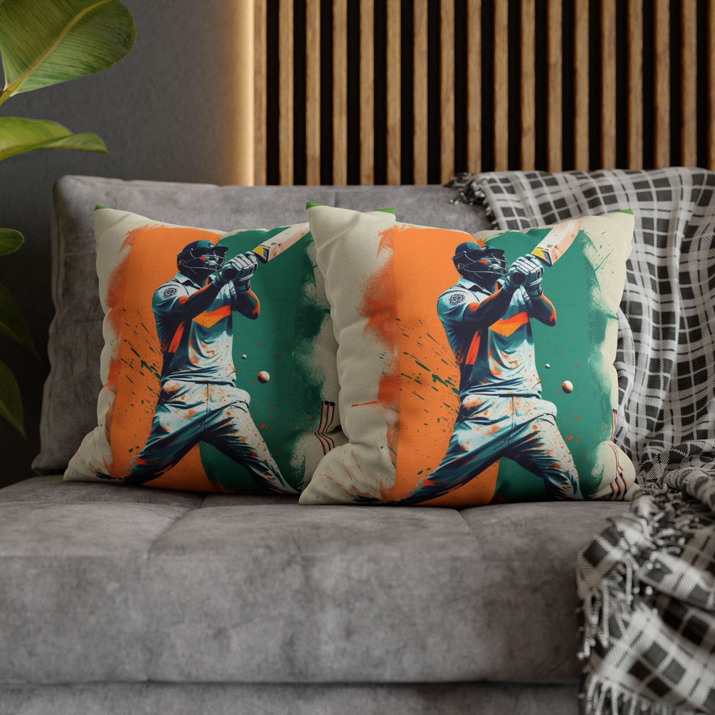 Cricket Batsman, Ball Strike, Indian Flag Color Background - Street Style - Spun Polyester Square Pillow Case