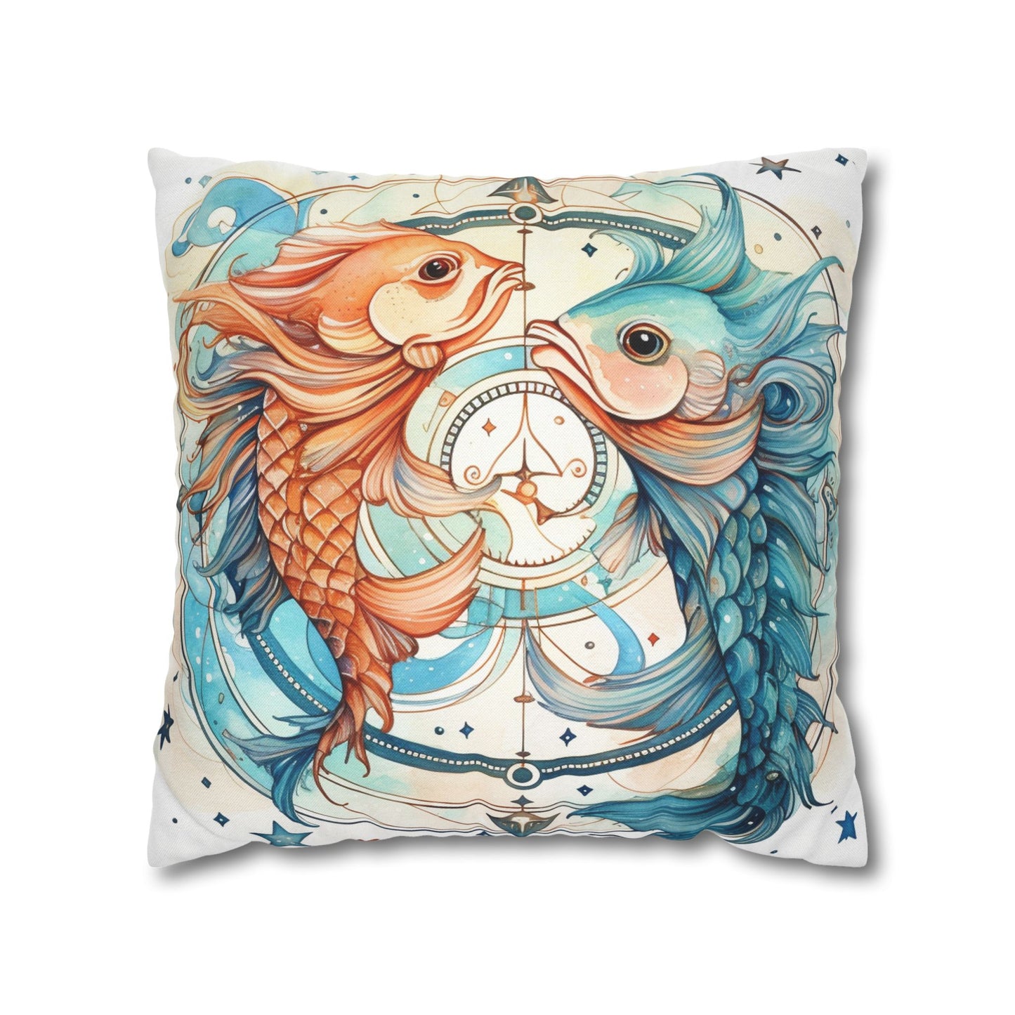 Pisces Zodiac Horoscope - Starry Watercolor & Ink, Hyper-Detailed Fish Spun Polyester Square Pillow Case