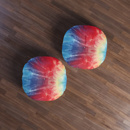 Rainbow Tie-Dye Denim: Vibrant Multi-Color, Fabric Design Spectacle - Tufted Floor Pillow, Round