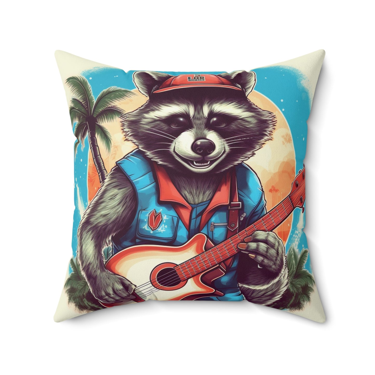 Ukulele Playing Raccoon - Furry Animal Music Island Art Spun Polyester Square Pillow