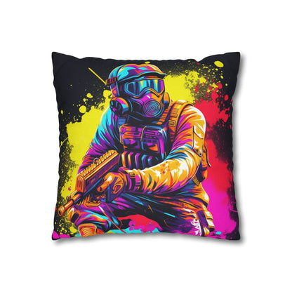 Paintball Action Sport: Player in Battle, Paint Splatter - Spun Polyester Square Pillow Case