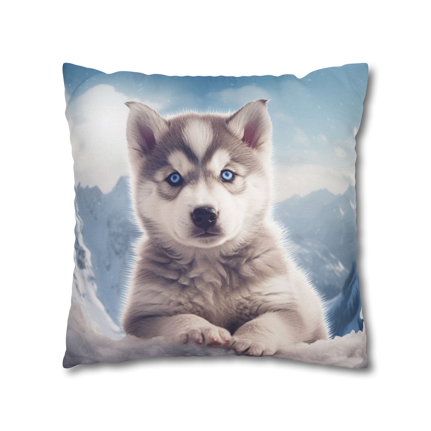 Husky Puppy Winter Wonder - Snowy Mountain Backdrop Spun Polyester Square Pillow Case