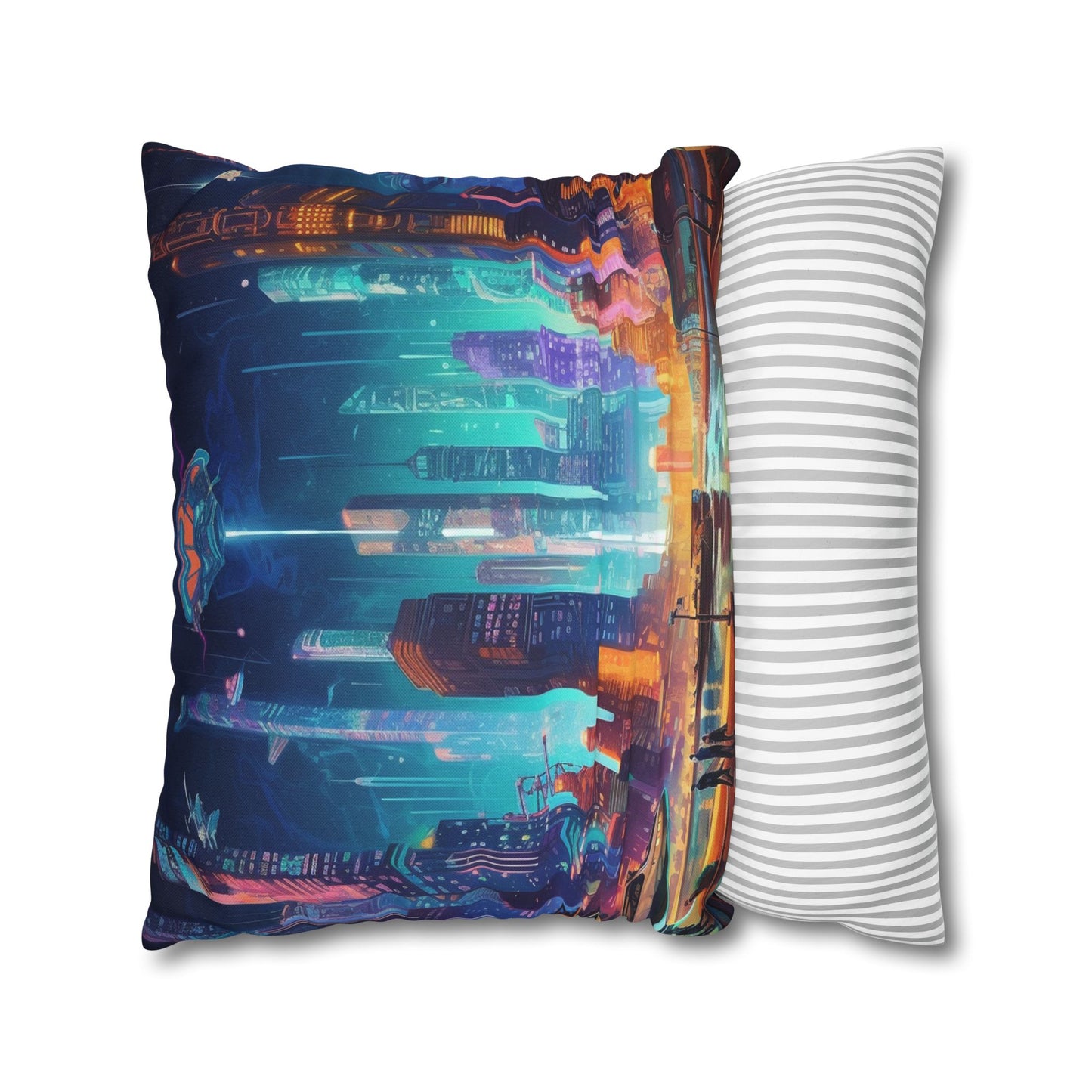 Futuristic Neon Cyberpunk Cityscape Art Design Spun Polyester Square Pillow Case