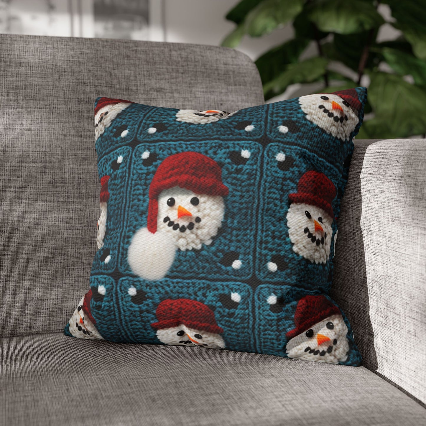 Snowman Crochet Craft, Festive Yuletide Cheer, Winter Wonderland - Spun Polyester Square Pillow Case