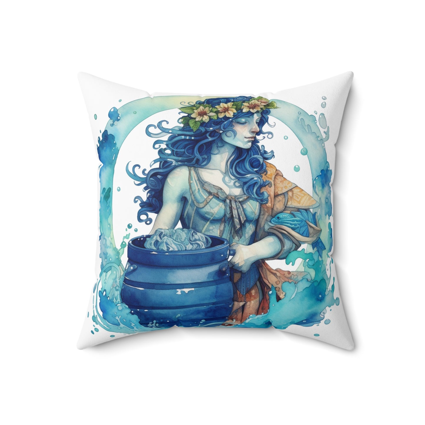 Artistic Aquarius Zodiac - Watercolor Water-Bearer Depiction - Spun Polyester Square Pillow