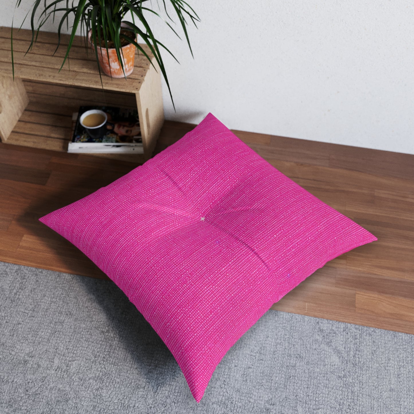 Hot Neon Pink Doll Like: Denim-Inspired, Bold & Bright Fabric - Tufted Floor Pillow, Square