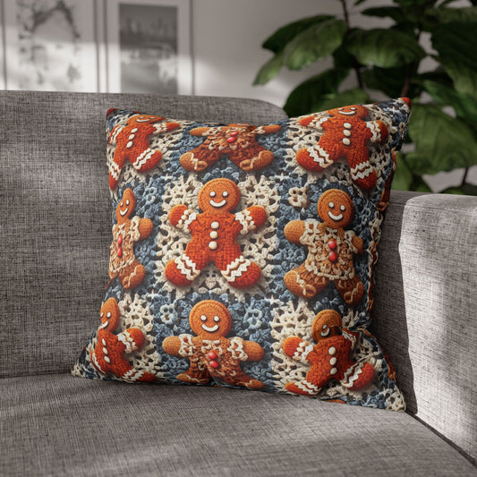 Gingerbread Joy: Whimsical Crocheted Gingerbread Men Pattern with Festive Christmas Accents - Spun Polyester Square Pillow Case