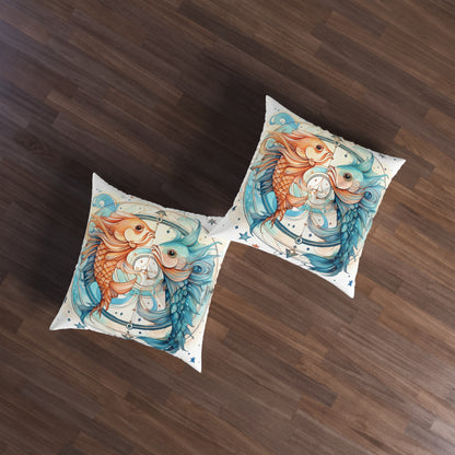 Pisces Zodiac Horoscope - Starry Watercolor & Ink, Hyper-Detailed Fish Tufted Floor Pillow, Square