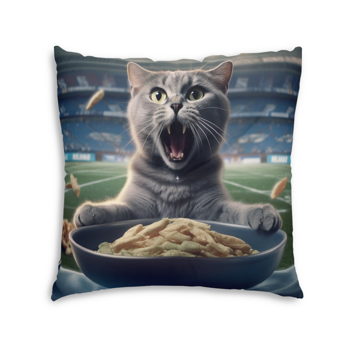 Halftime Football Feline: Screaming Sports Fan Cat Stadium Food Kitten - Tufted Floor Pillow, Square