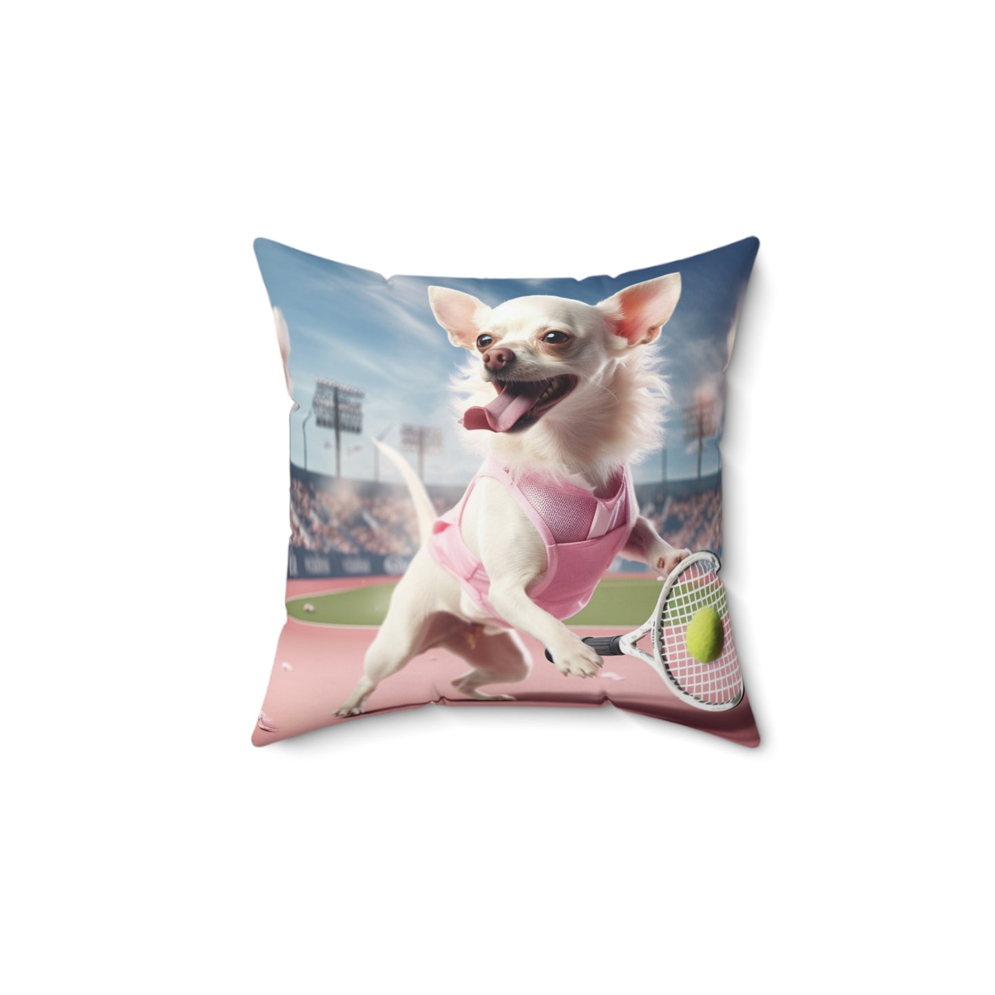 Chihuahua Tennis Ace: Dog Pink Outfit, Court Atheletic Sport Game - Spun Polyester Square Pillow