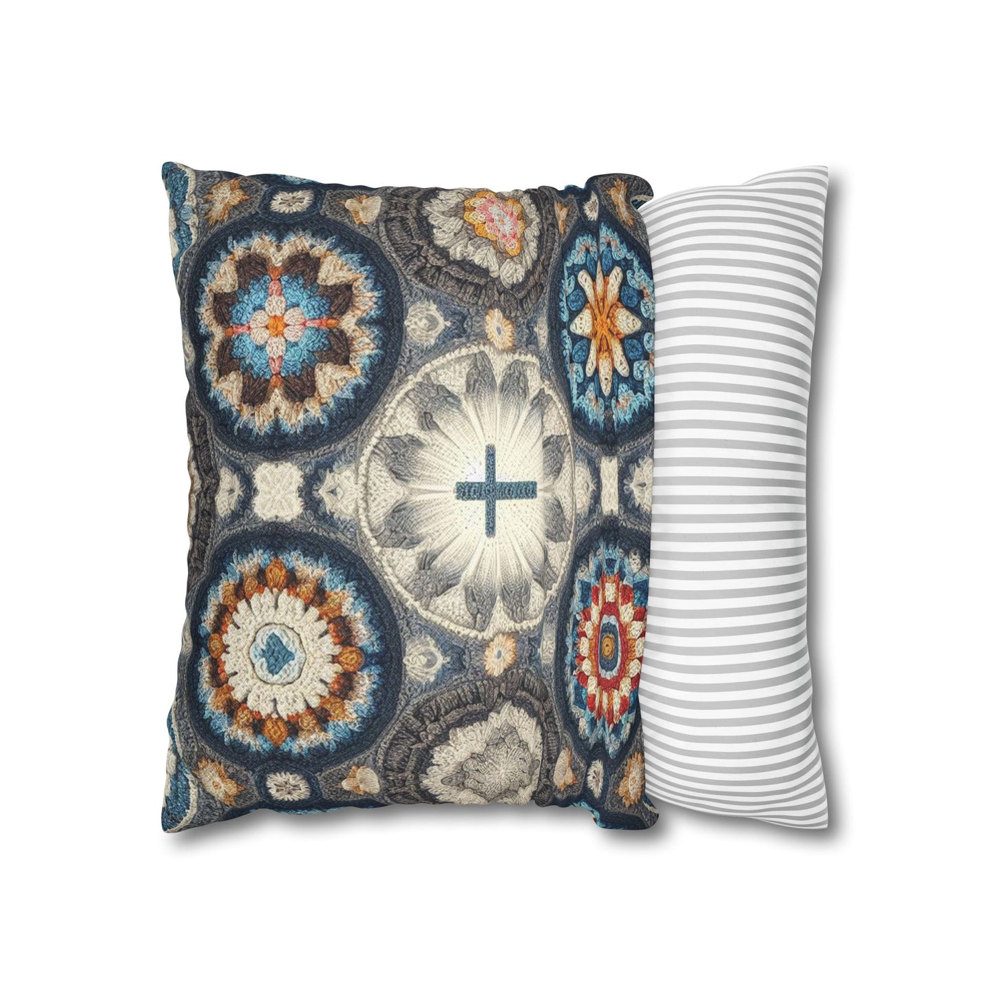 Bohemian Crochet Mandala with Centered Christian Cross - Earthy Tones Mosaic - Spun Polyester Square Pillow Case