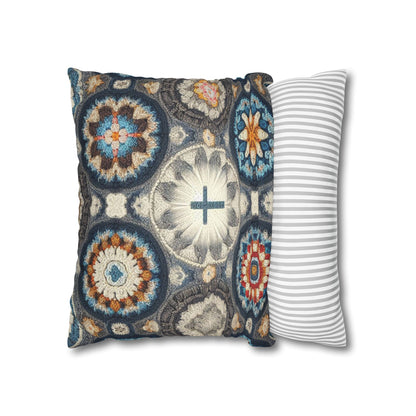 Bohemian Crochet Mandala with Centered Christian Cross - Earthy Tones Mosaic - Spun Polyester Square Pillow Case