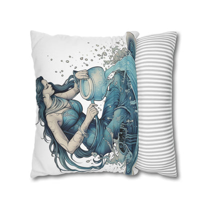 Aquarius Zodiac Symbol - Girl Pouring Water, Hand-Drawn Style - Spun Polyester Square Pillow Case